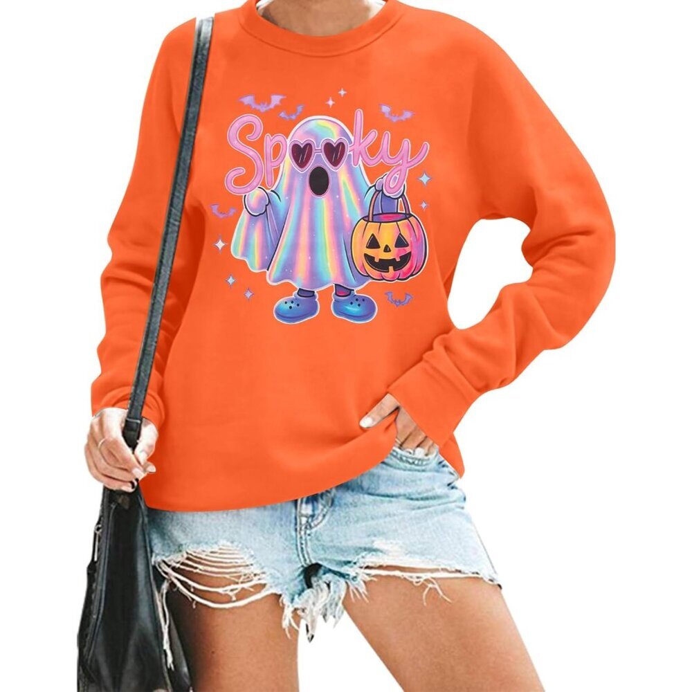 Women's Cotton Blend Pumpkin Face Long Sleeve Halloween Sweatshirt Casual